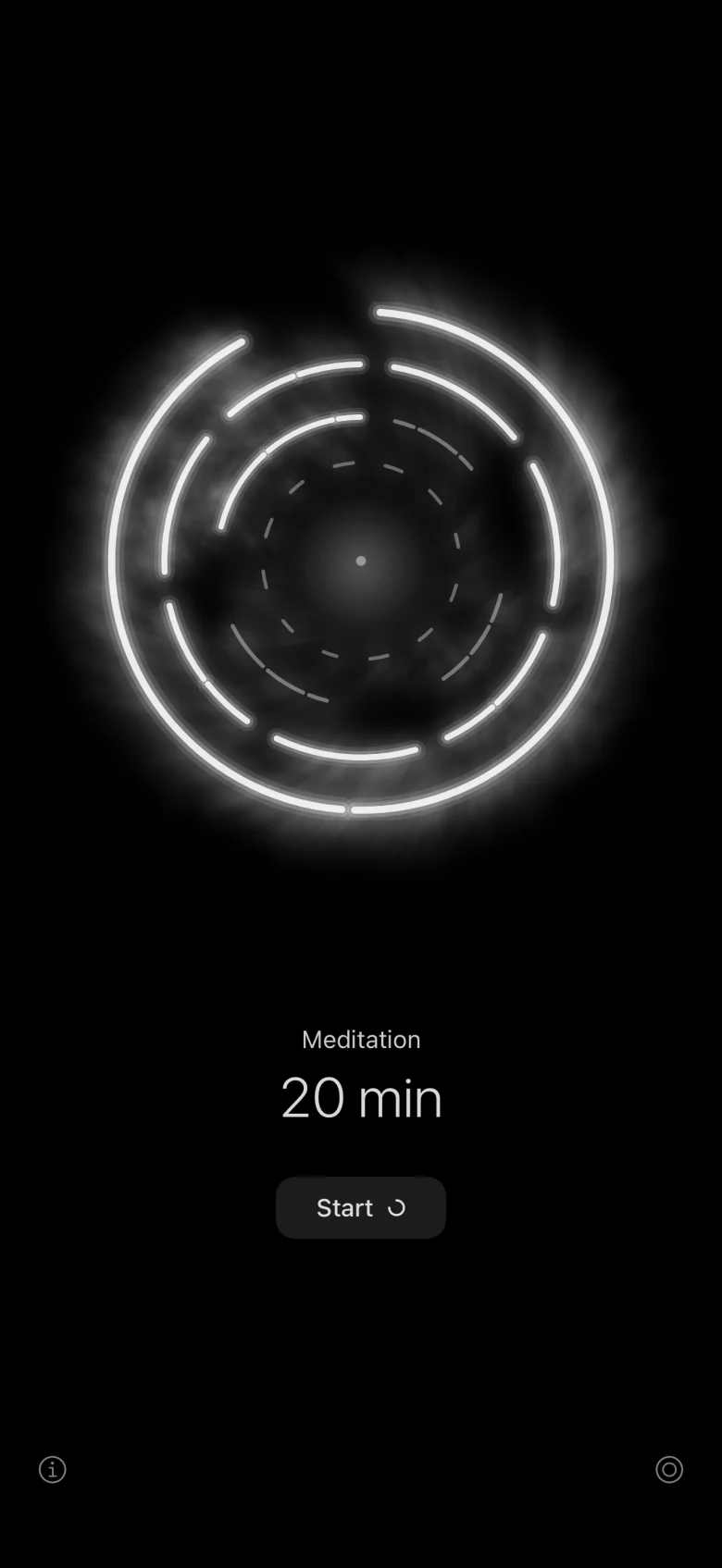 Orboria's home screen: rings of white light around a dark centre, Meditation, 20 min, and a Start button.