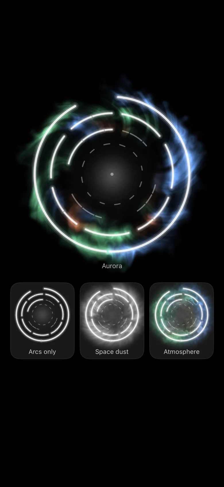 The rings in the Aurora style, green, blue and orange light around them, with three other styles below: Arcs only, Space dust, Atmosphere.