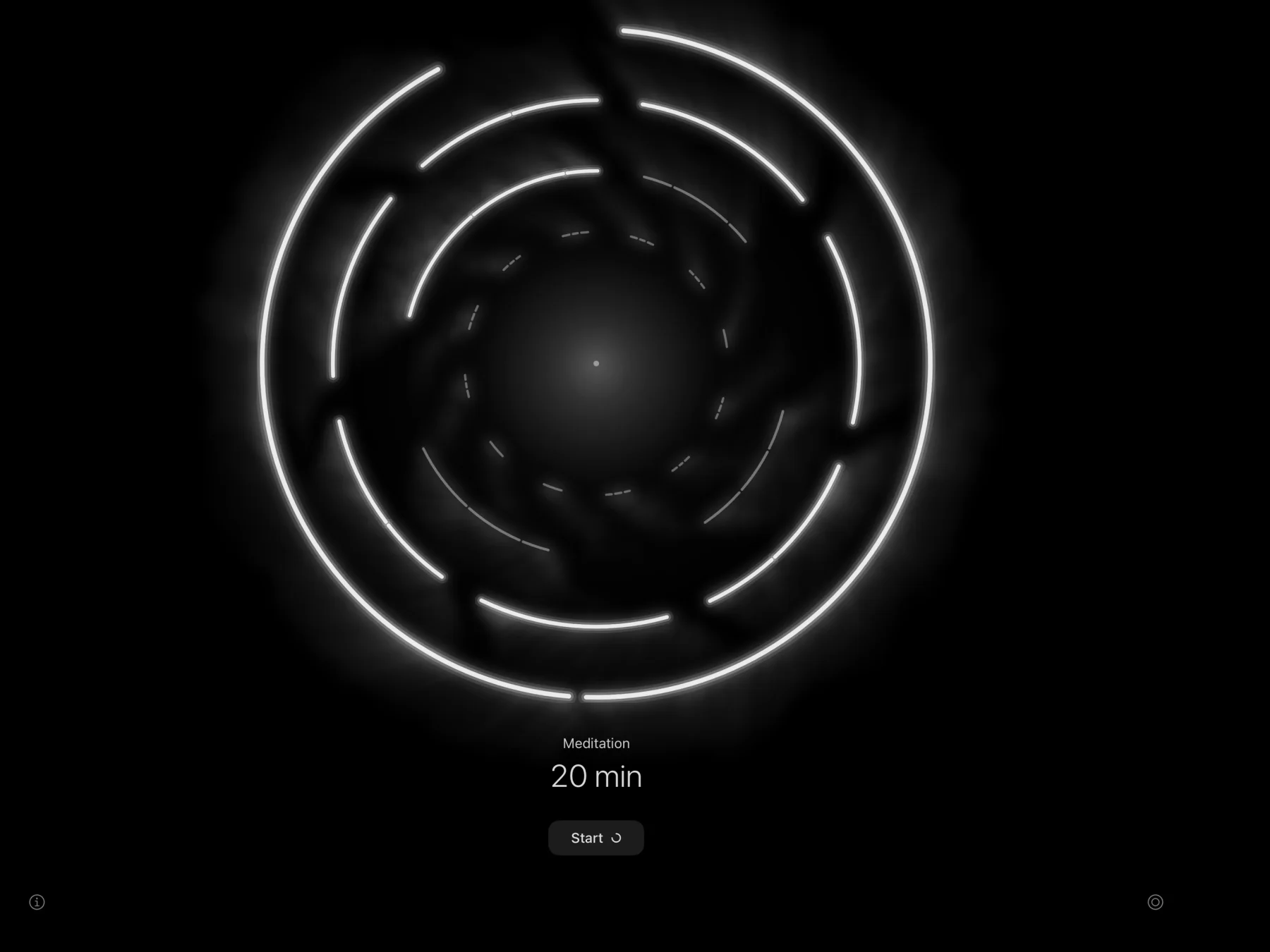 Orboria on iPad, held on its side: the rings of light and today's meditation.
